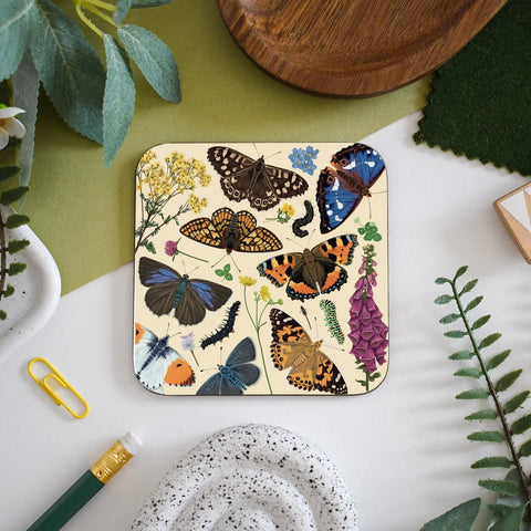 British Butterflies Illustrated Coaster – Featuring Speckled Wood, Painted Lady & Small Tortoiseshell - Sprouts of Bristol