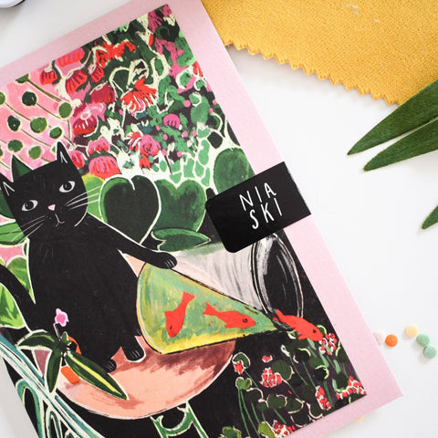 Catisse and the Goldfish Cat Greetings Card - Sprouts of Bristol