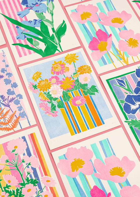 Dahlias in a Tin Risograph Print - Sprouts of Bristol