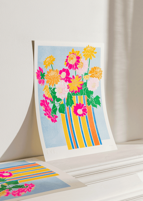 Dahlias in a Tin Risograph Print - Sprouts of Bristol