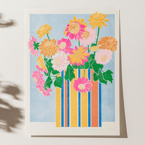 Dahlias in a Tin Risograph Print - Sprouts of Bristol