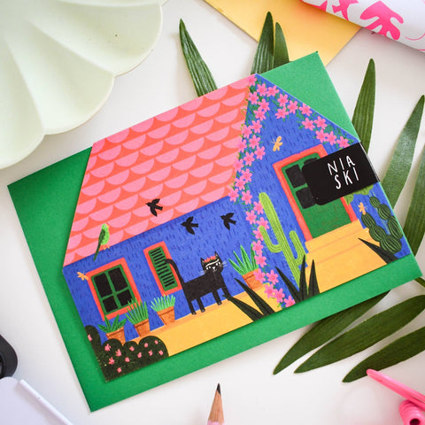 Frida Catlo's Blue House cut out house Greetings Card - Sprouts of Bristol