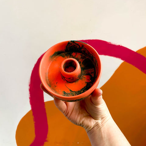 Bright Coral and Green Abstract Jesmonite Candle Basin Holder - Sprouts of Bristol