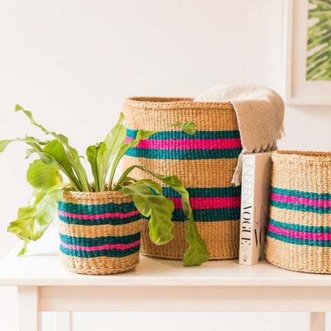 Ndoto - Turquoise, Pink and Sand Woven Basket - Sprouts of Bristol