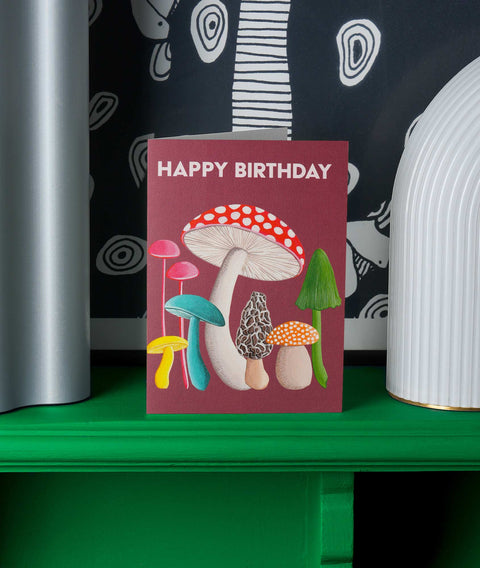 Tarjeta de felicitación con motivos de hongos de cumpleaños