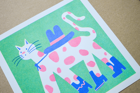 Cowboy Cat Square Risograph Art Print - Sprouts of Bristol