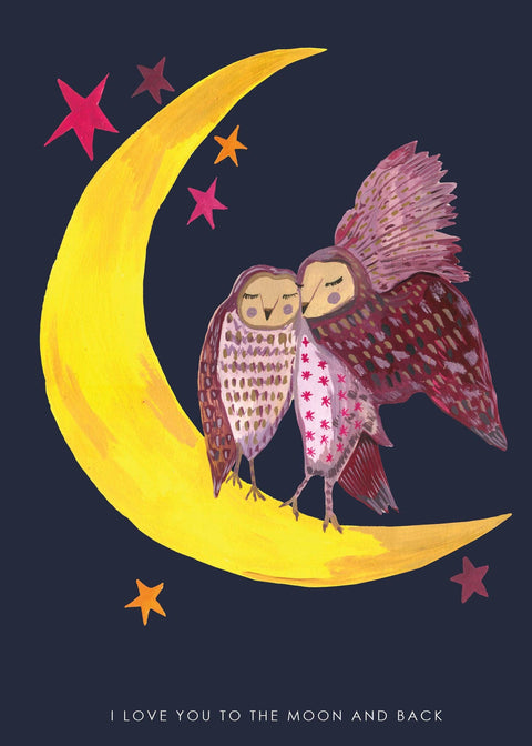 'Owls On Moon' Greetings Card - Sprouts of Bristol