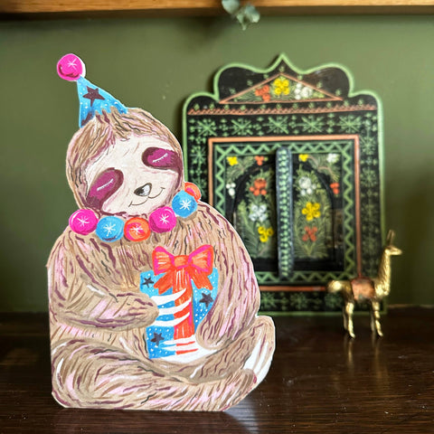 'Party Sloth Die - Cut' Greetings Card - Sprouts of Bristol