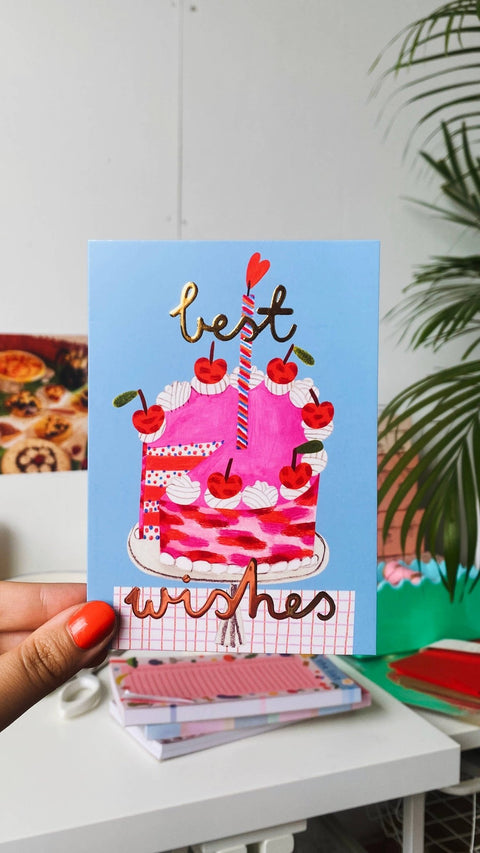 PINK CAKE gold foil Greetings Card - Sprouts of Bristol