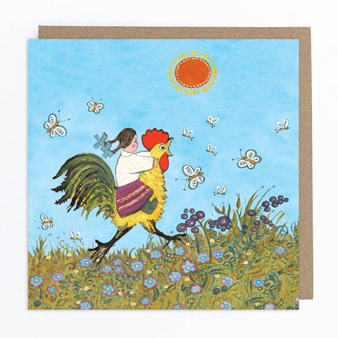 Riding a Chicken Greetings Card - Sprouts of Bristol