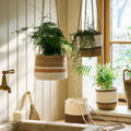 Woven Hanging Plant Pot – Half Stripe in Antique Brown - Sprouts of Bristol