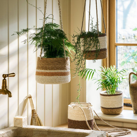 Woven Hanging Plant Pot – Half Stripe in Antique Brown - Sprouts of Bristol