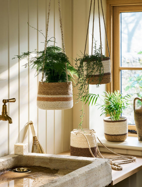 Woven Hanging Plant Pot – Orange & Cream Stripe - Sprouts of Bristol