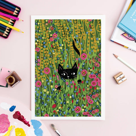 Cat hiding in a Klimt Garden Print - Sprouts of Bristol
