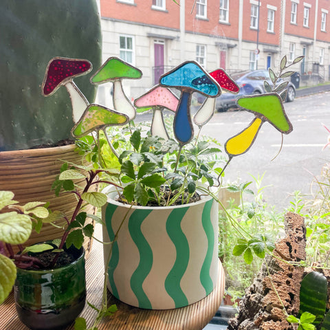 Iridescent Stained Glass Mushroom Suncatcher Plant Stake - Sprouts of Bristol