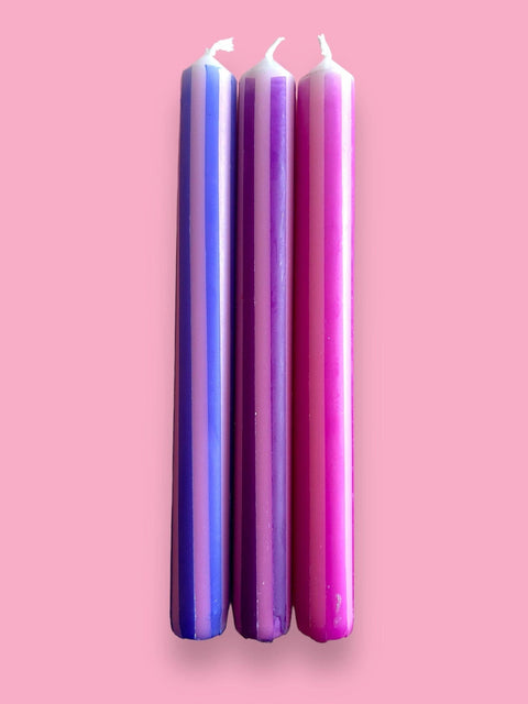 PURPLE PINSTRIPES Dip Dye Dinner Candles Trio - Sprouts of Bristol